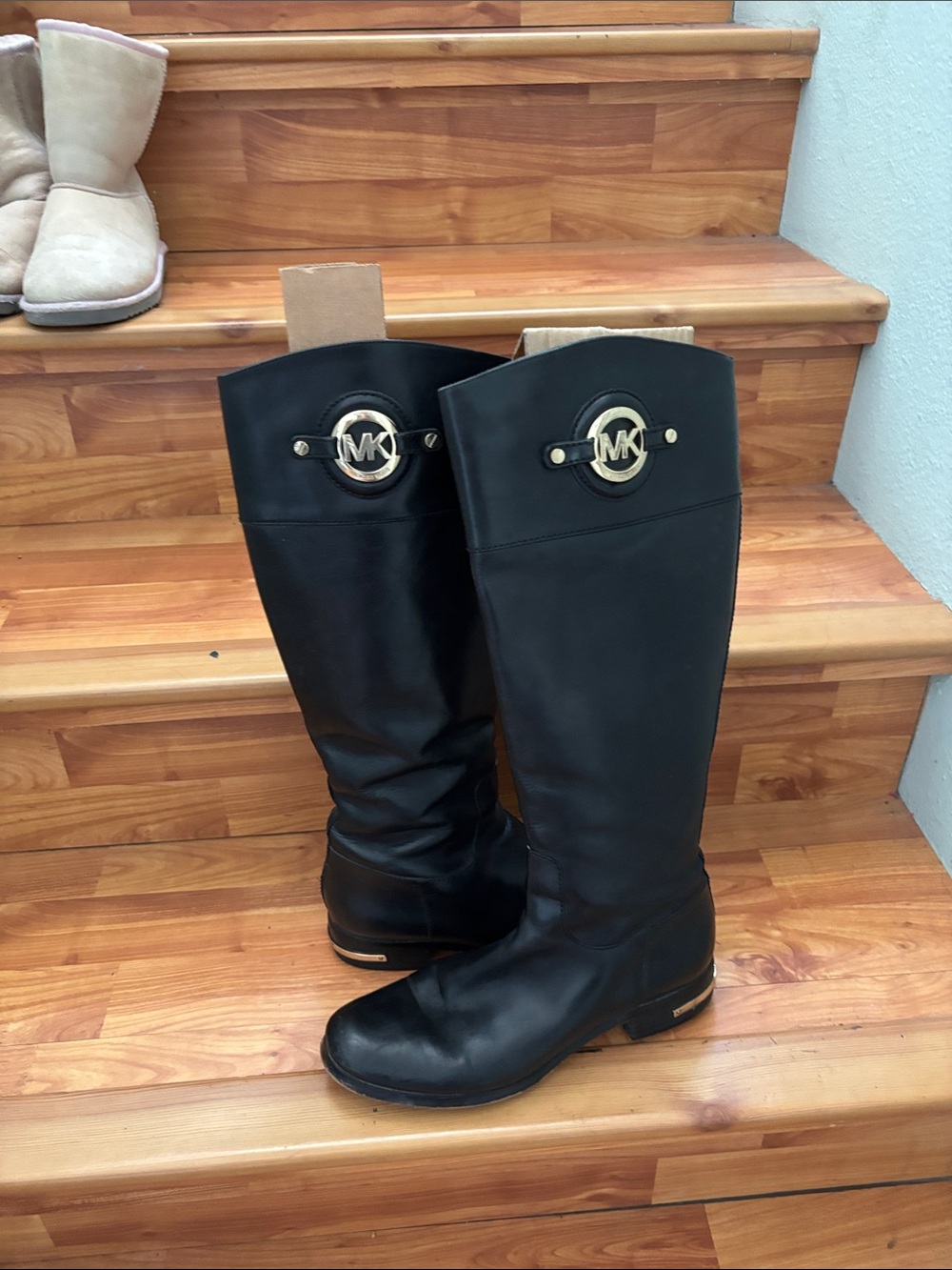 Michael Kors Black Leather Knee-High Boots with Gold MK Emblem